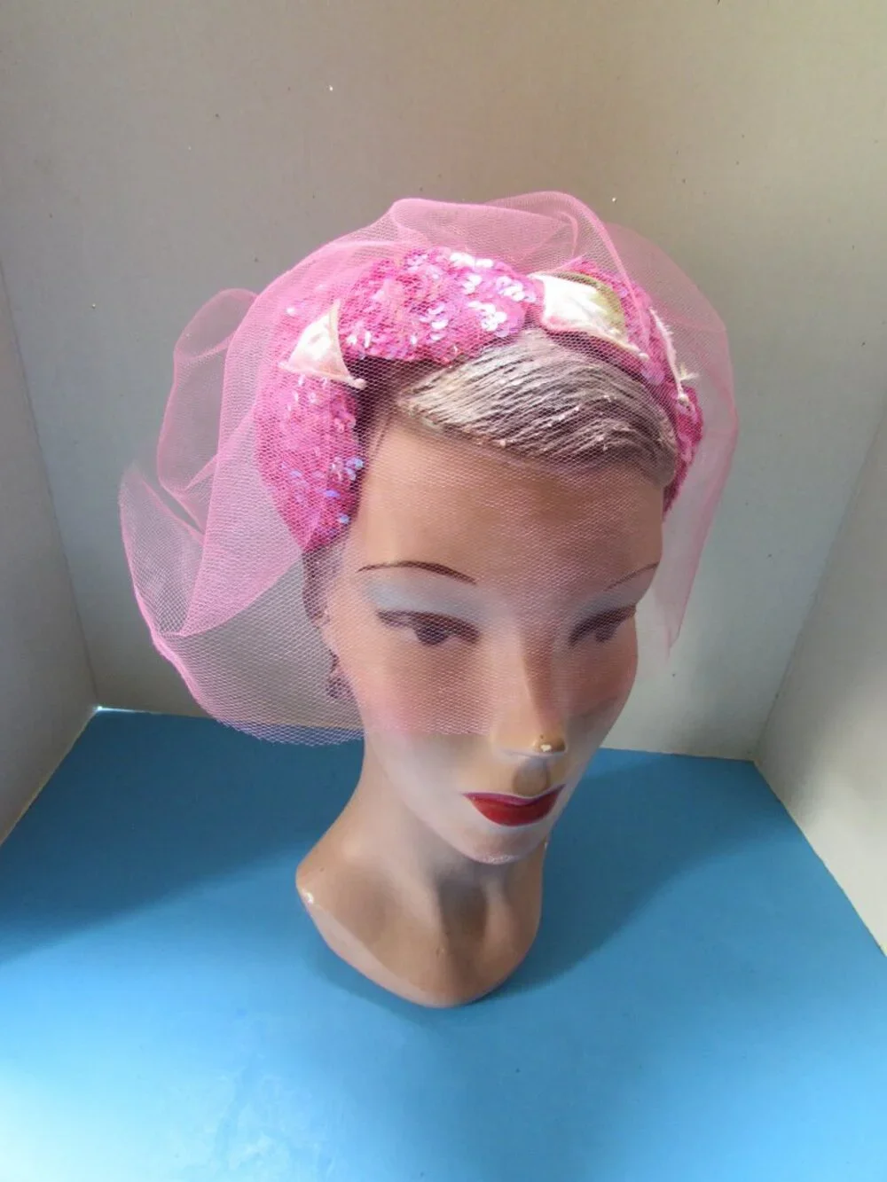 Vintage Half Hat Fuchsia Sequins Pink Veil